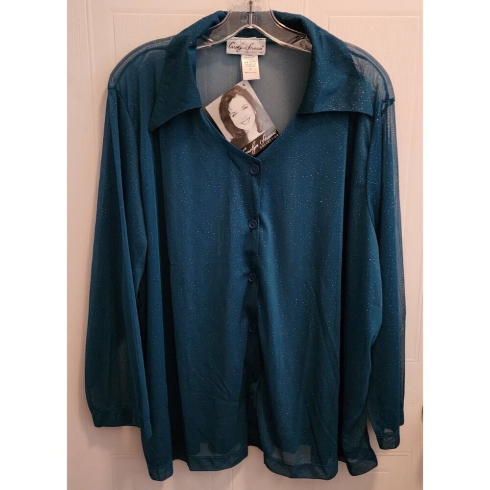NEW Carolyn Strauss Sheer Button Up Blouse Top Long Sleeve Blue‎ Glitter Sz 2X